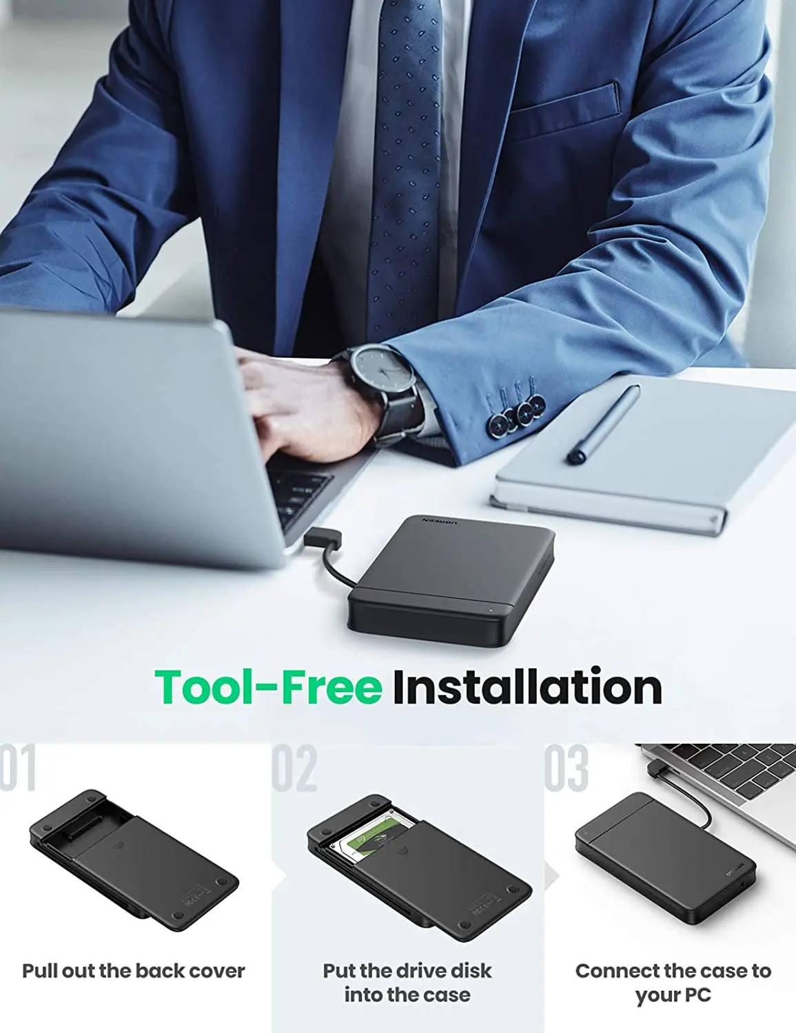 Boîtier de disque dur UGREEN USB C USB 3.1 Gen 1 vers SATA III 5Gbps pour SSD et disque dur 2.5 pouces boîtier de disque dur externe 9.5mm 7mm