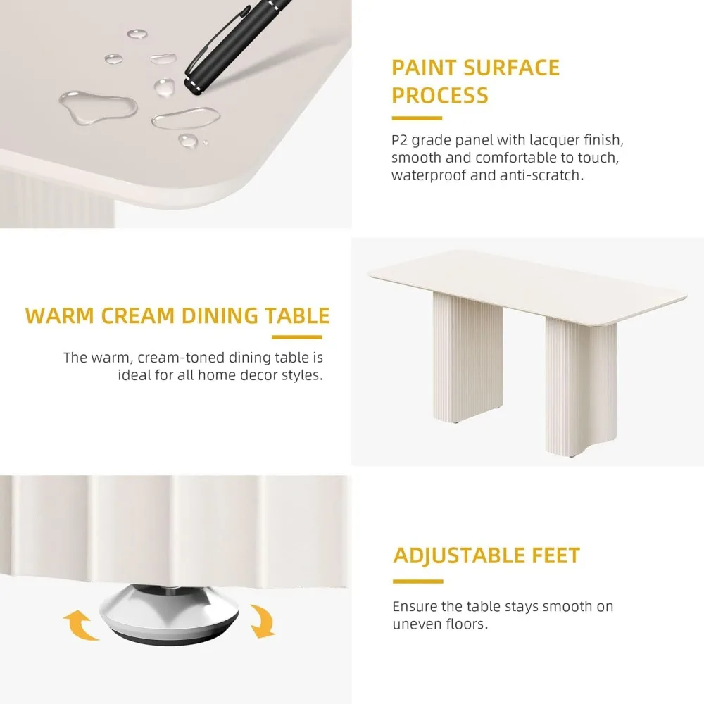 63'' Dining Table for 4-6 People Modern Rectangular Kitchen Table with Solid Wave Curved Legs Large Cream White Dinner Table