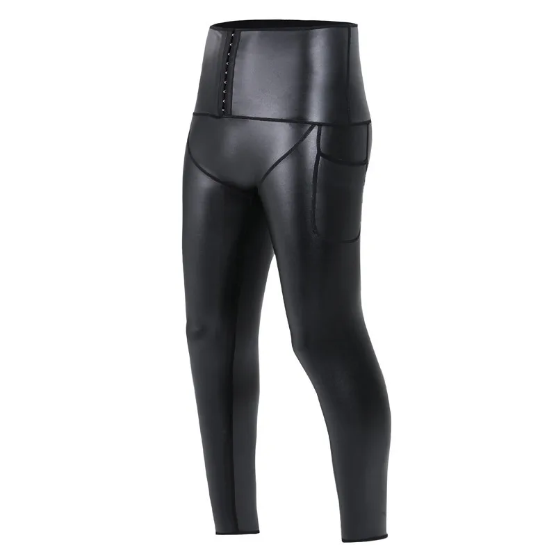 Men Faux Leather Slimming Pants High Waist Tummy Control Butt Lifter Compression Shapewear Leggings with Pockets Buttons