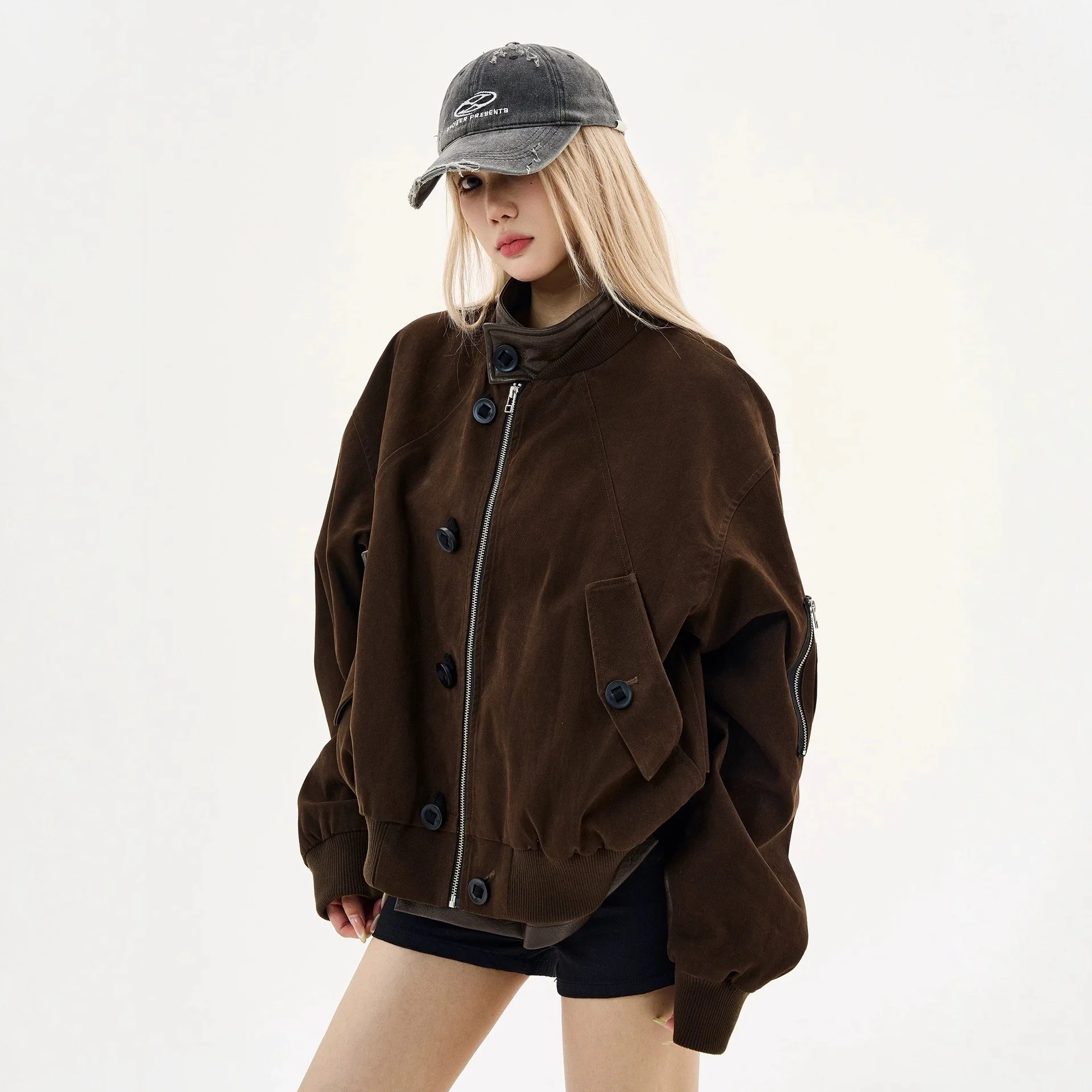 Vintage heavy design sense splicing leather jacket stand-up collar jacket men's and women's cleanfit jacket tide