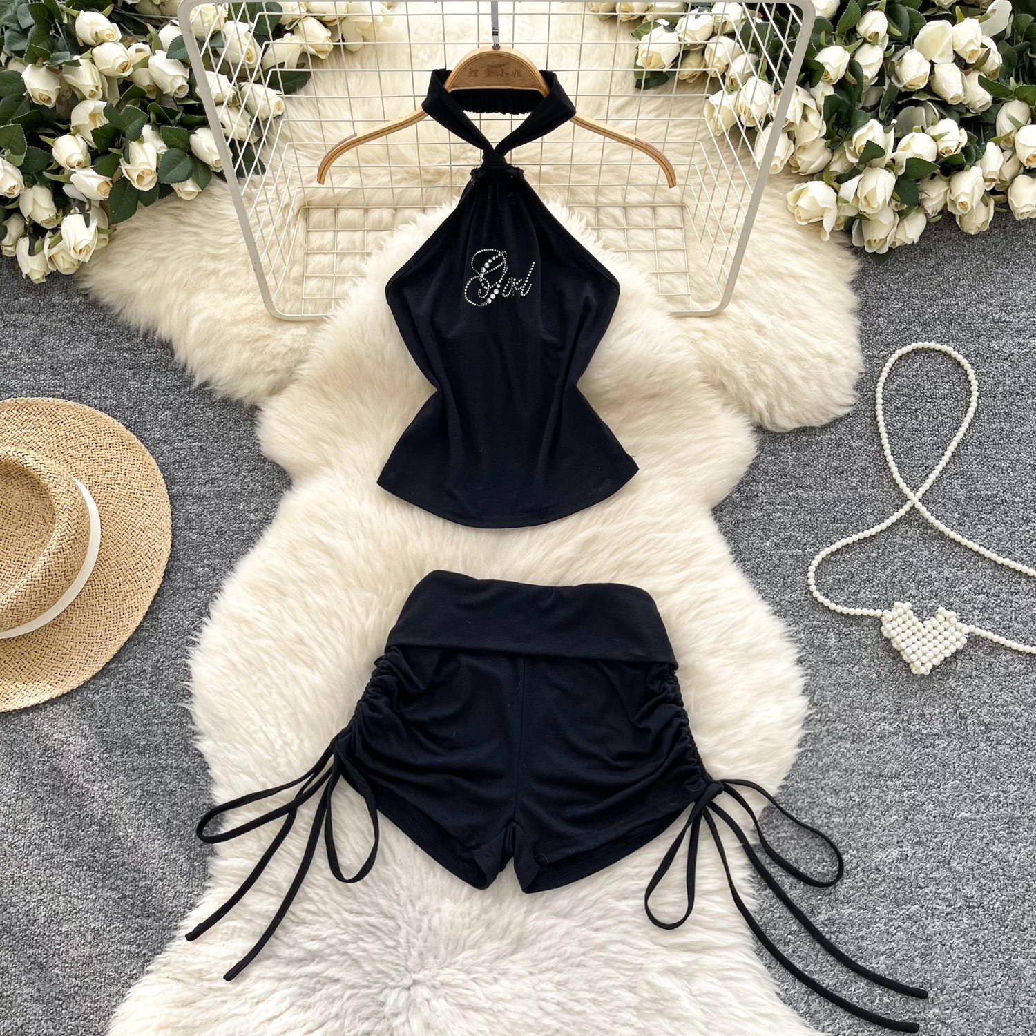 

Female Hotsweet Summer Sets Lady Halter Top Shirring Ruched Shorts Suit Y2K Black Night Out Diamond Punk Gothic Sexi Sets Outfit