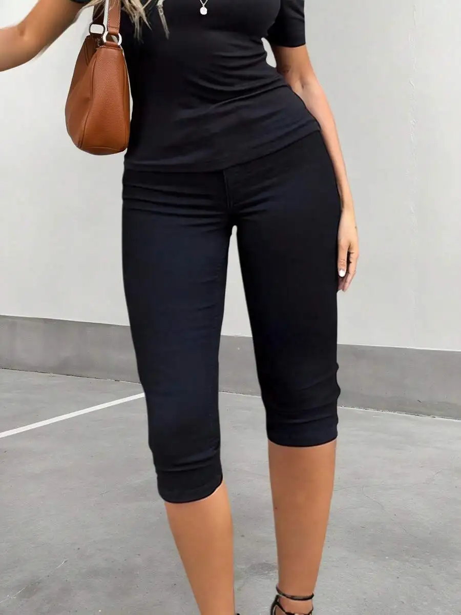 

High Waist Elastic Skinny 3/4 Pants With Zipper Pockets Slim Fit Black Trousers For Daily Wear