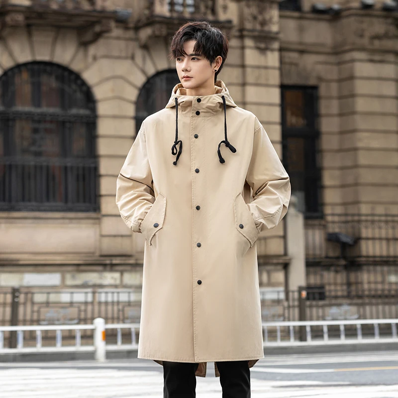 

Spring Autumn Mens Trench Hooded Casual Mid-Length Jacket Men Loose Fit Windbreaker Coat Trendy Zipper Hooded Outerwear Coats
