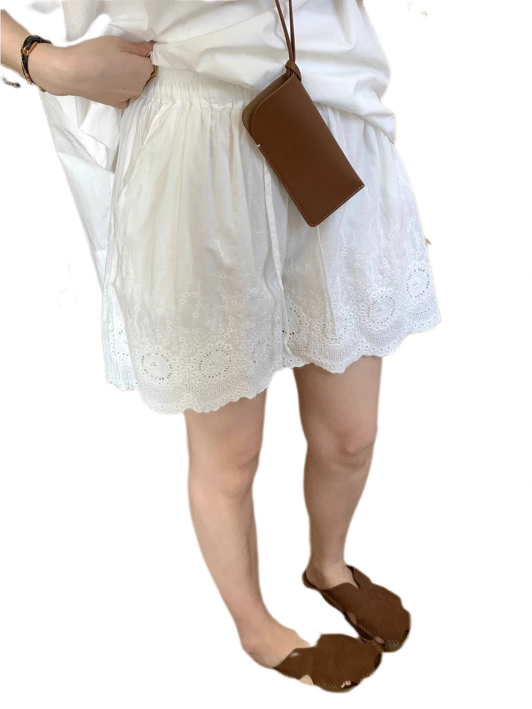 Ele Embroidered Lace Trim Wide Leg ort Pants Casual High Waist Thin Loose Fit Summer Tee-quarter Length A-line Hot Pants