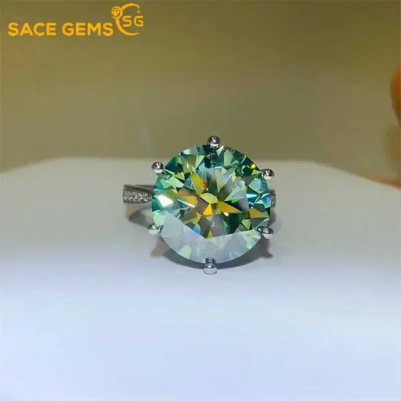 

SACEGEMS GRA Certified D Color 5-10ct Moissanite Ring 925Sterling Silver Plated with 18k White Gold Rings for Women Fine Jewelry