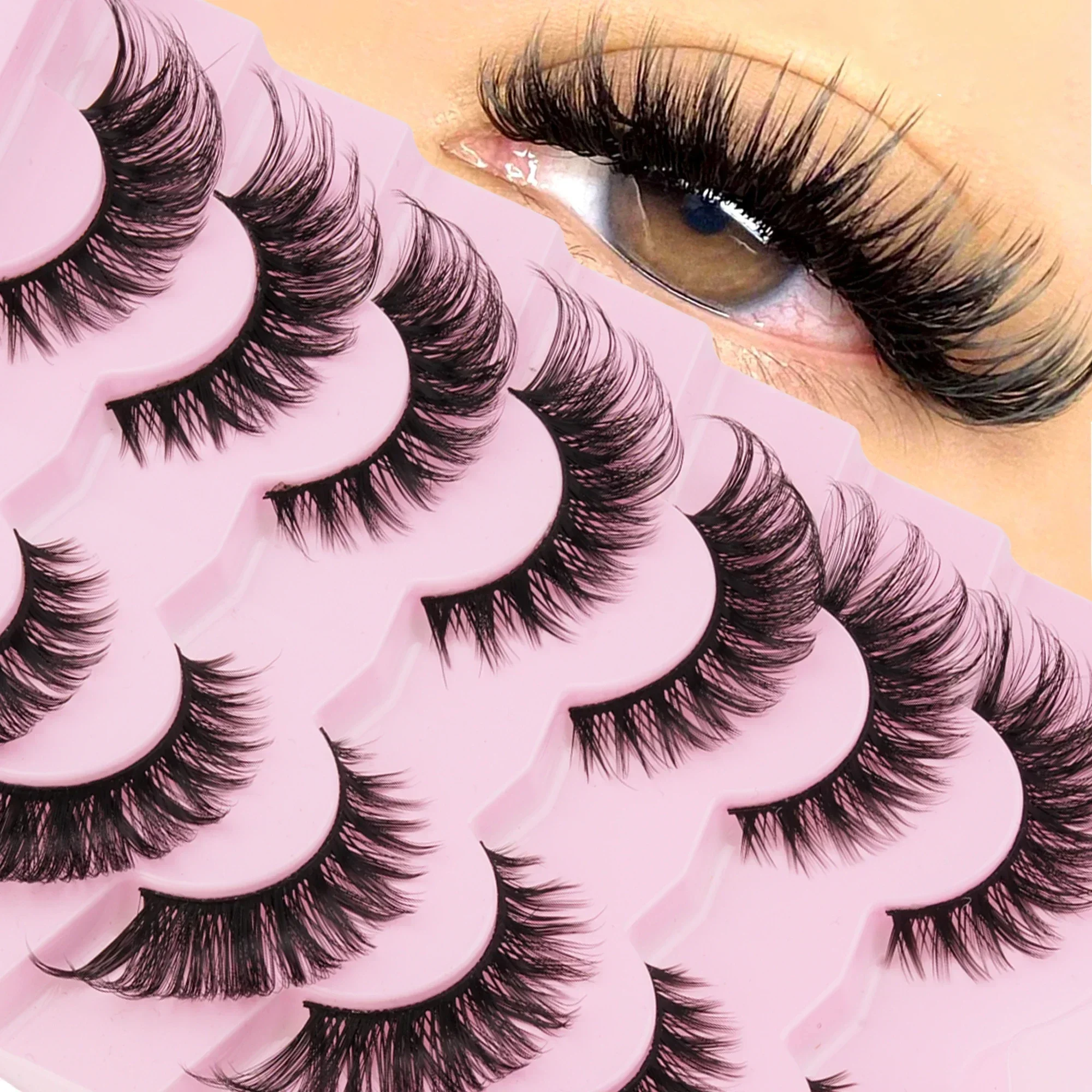 7 Pairs Wispy Fluffy Cat Eye False Lashes, D Curl Faux Mink Strip Eyelashes, Reusable Voluminous Fake Eye Lashes