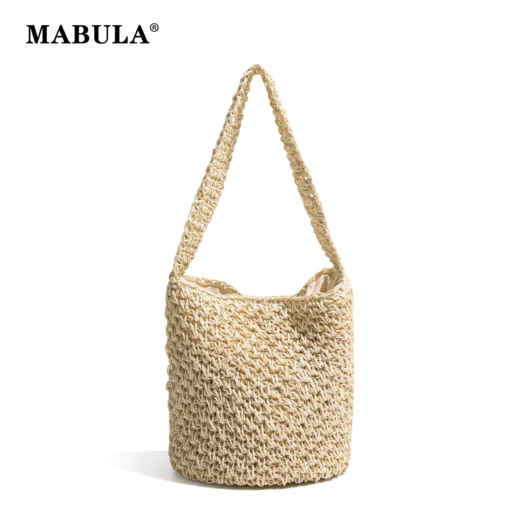 Mabula Sommer Strand Stroh Tasche für Frauen Eimer Tasche Handtasche große Kapazität einfarbig exquisite hand gewebte Hobo Umhängetasche