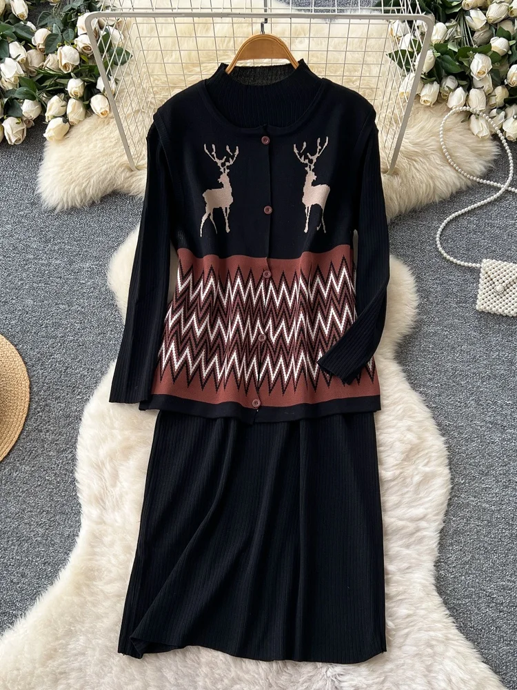 

Loose Casual Long Sve Knitted Dr Women's Autumn Winter Outerwear round Ne Svel Vest Jaet Comfortable Faion Set