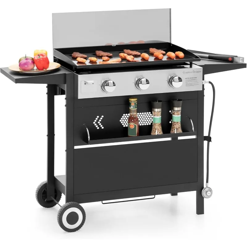 Captiva Designs 27 in Flat Top Grill with Ceramic Coated Cast Iron Pan, 3-Burner Propane Gas Griddle Grill, 33,000 BTU Output