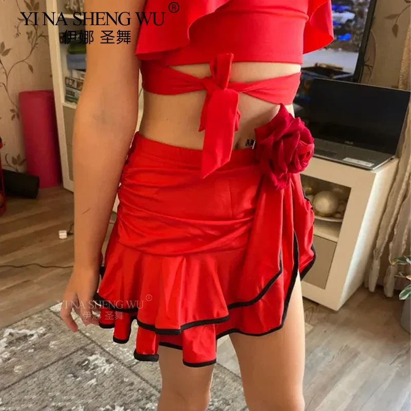 تنورة رقص لاتينية للفتيات فستان رقص سامبا تشا تشا حرير الحليب نصف طول طبقة مزدوجة ممارسة تنورة أداء الرقص