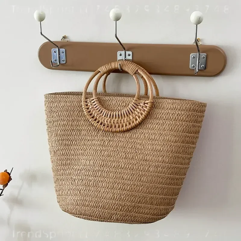 Women Summer Woven Paper Tote Bag Large Capacity Solid Color Round Wooden Handle Beach Handbag Casual Outdoor Vacation view 6