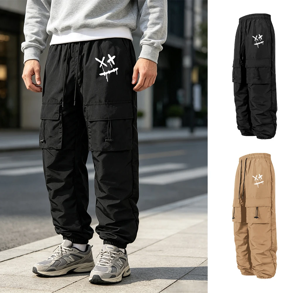 Men's Multi Pocket Cargo Trousers With Graffiti And Emoji Prints Suitable For Outdoor Use Windproof Hiking Daily Commute Wear