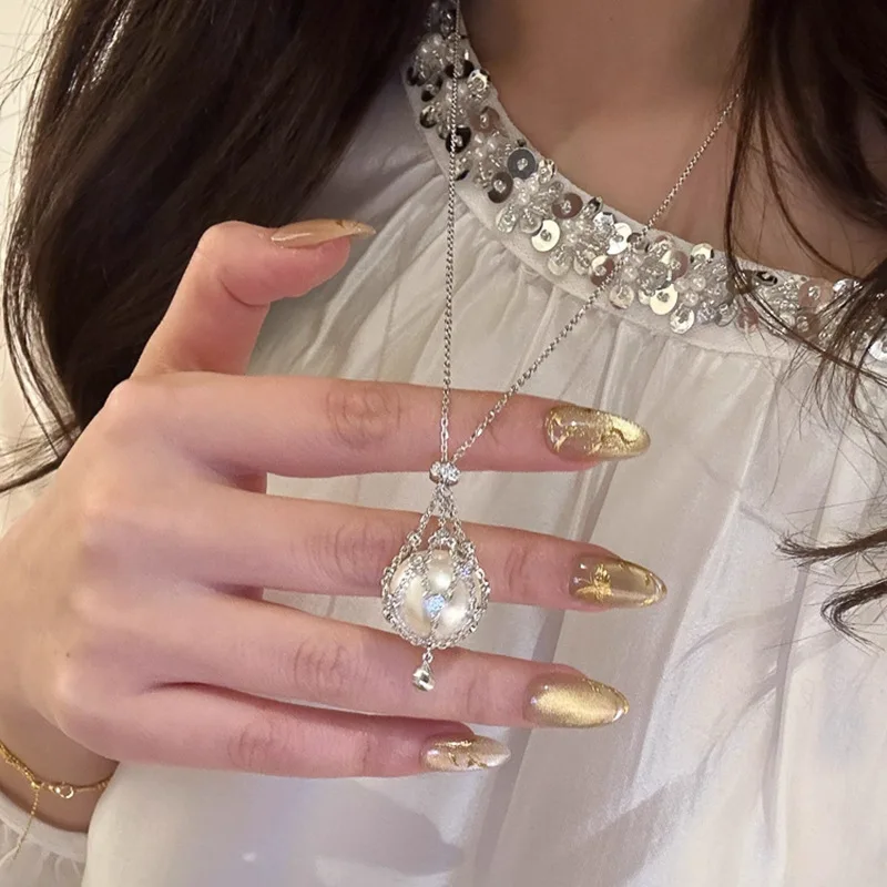 Luxury diamond studded chain mesh bag pearl necklaces and pendants charms beautiful beads tassel collares chain wedding jewelry