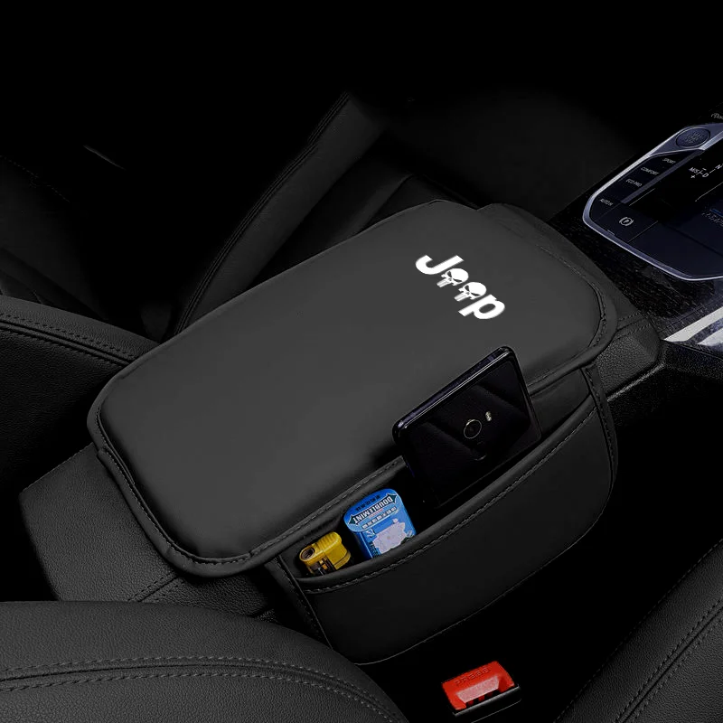 Leather Car Armrest Box Pad for Jeep Renegade Compass Wrangler Grand Cherokee Center Console Protector Cover with Storage Pocket