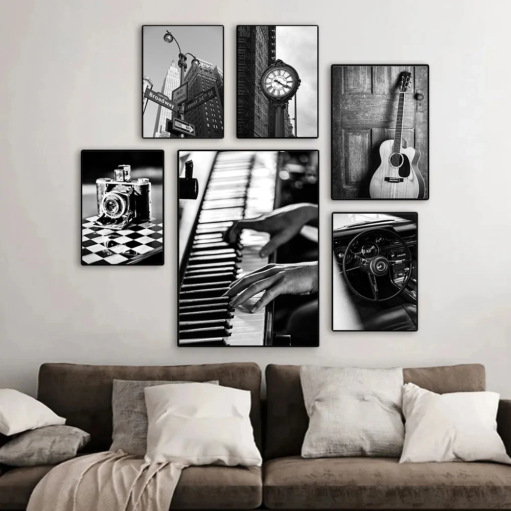 New York City Wall Art Canvas Painting Guitar Camera Black And White Posters And Prints Nordic Wall Pictures Living Room Decor