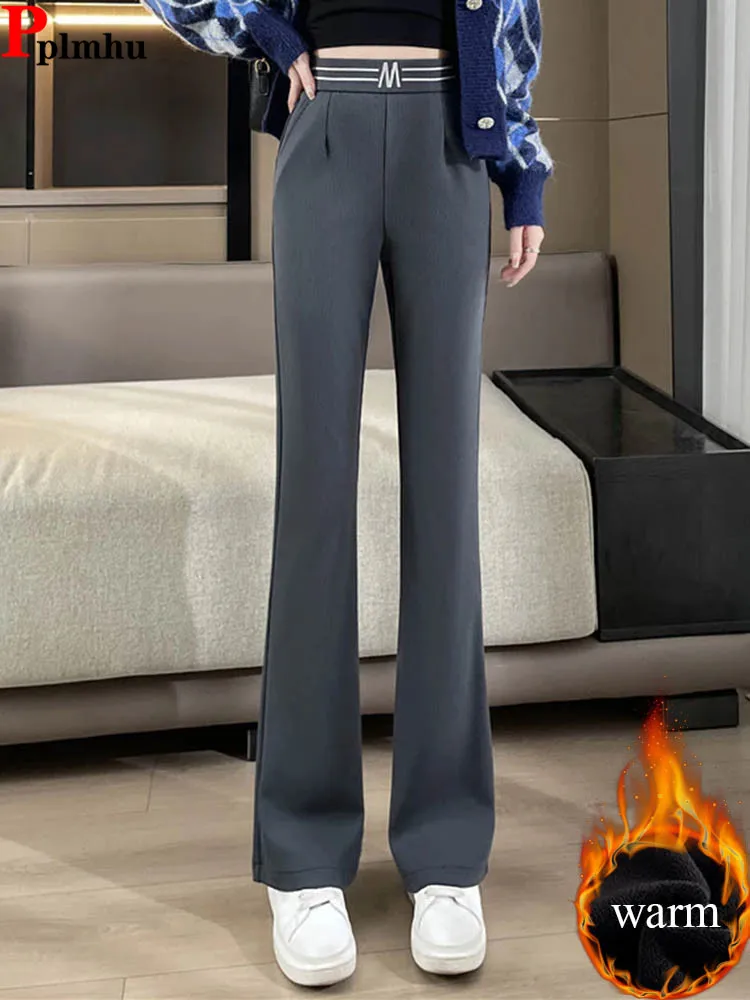 

Утепленные тонкие брюки-клеш, женские повседневные эластичные спортивные штаны с высокой талией на бархатной подкладке, зимние корейские модные широкие брюки