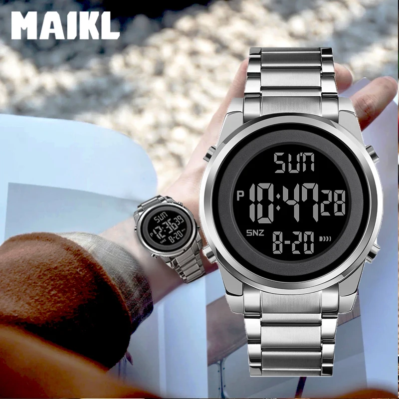 MAIKL الصلب حزام ساعة اليد ساعة Relogio Masculino الرقمية ساعات كوارتز الرجال 30 متر مقاوم للماء كوارتز المعصم الرجال ساعة العد التنازلي