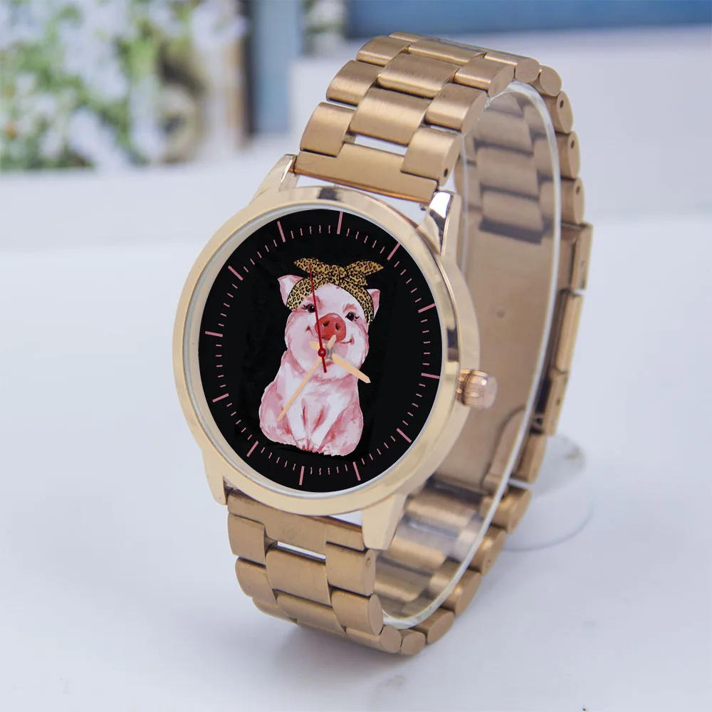 ساعة Maiale Rosa Animali Domestici Carino Silver Man عالمية للرجال والنساء وسوار هدية وحزام أسود وذهبي وردي