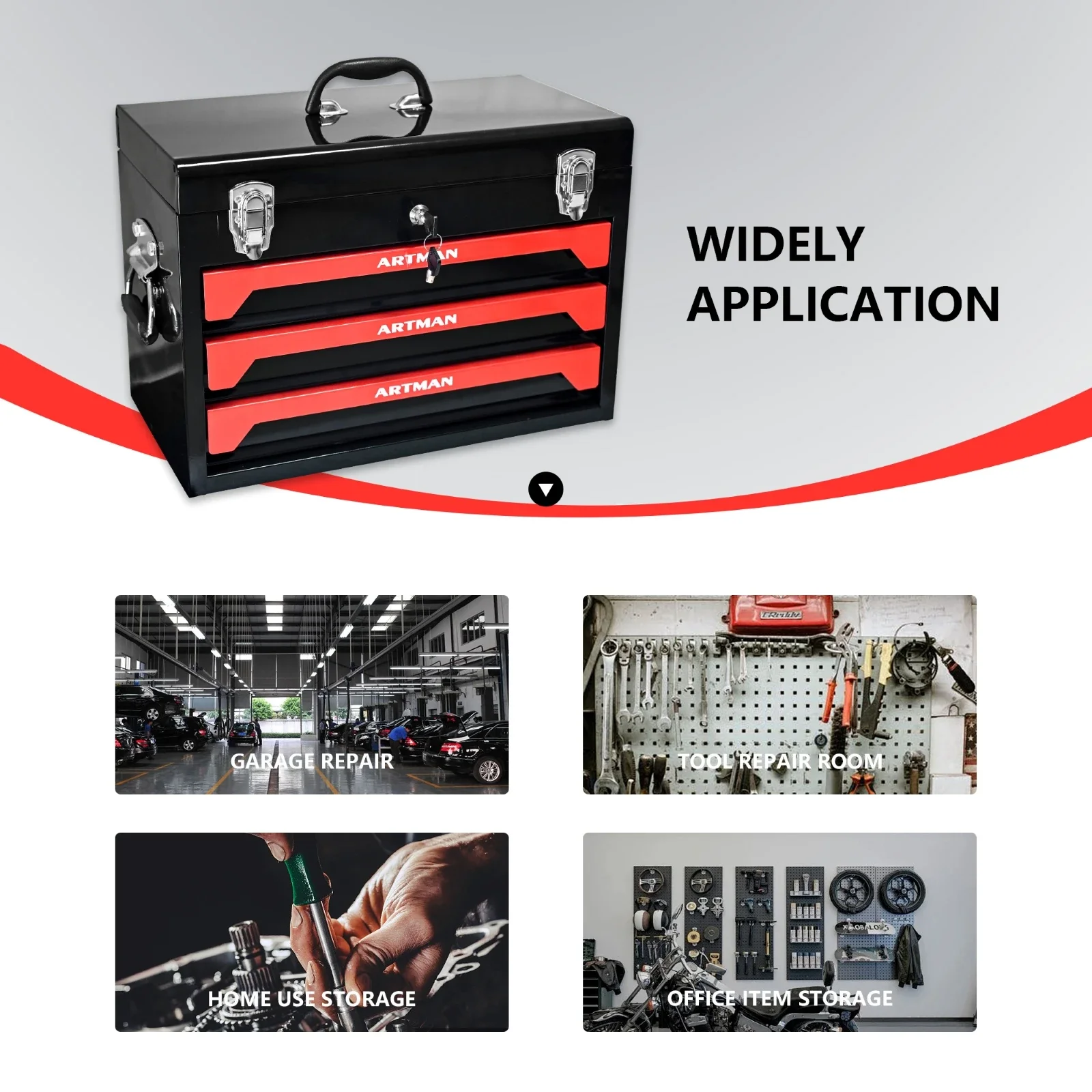 3 Drawer Metal Tool Box,Portable Metal Tool Box with EVC Liner and Lock,tool box organizer,Empty Box,tool chest,garage storage