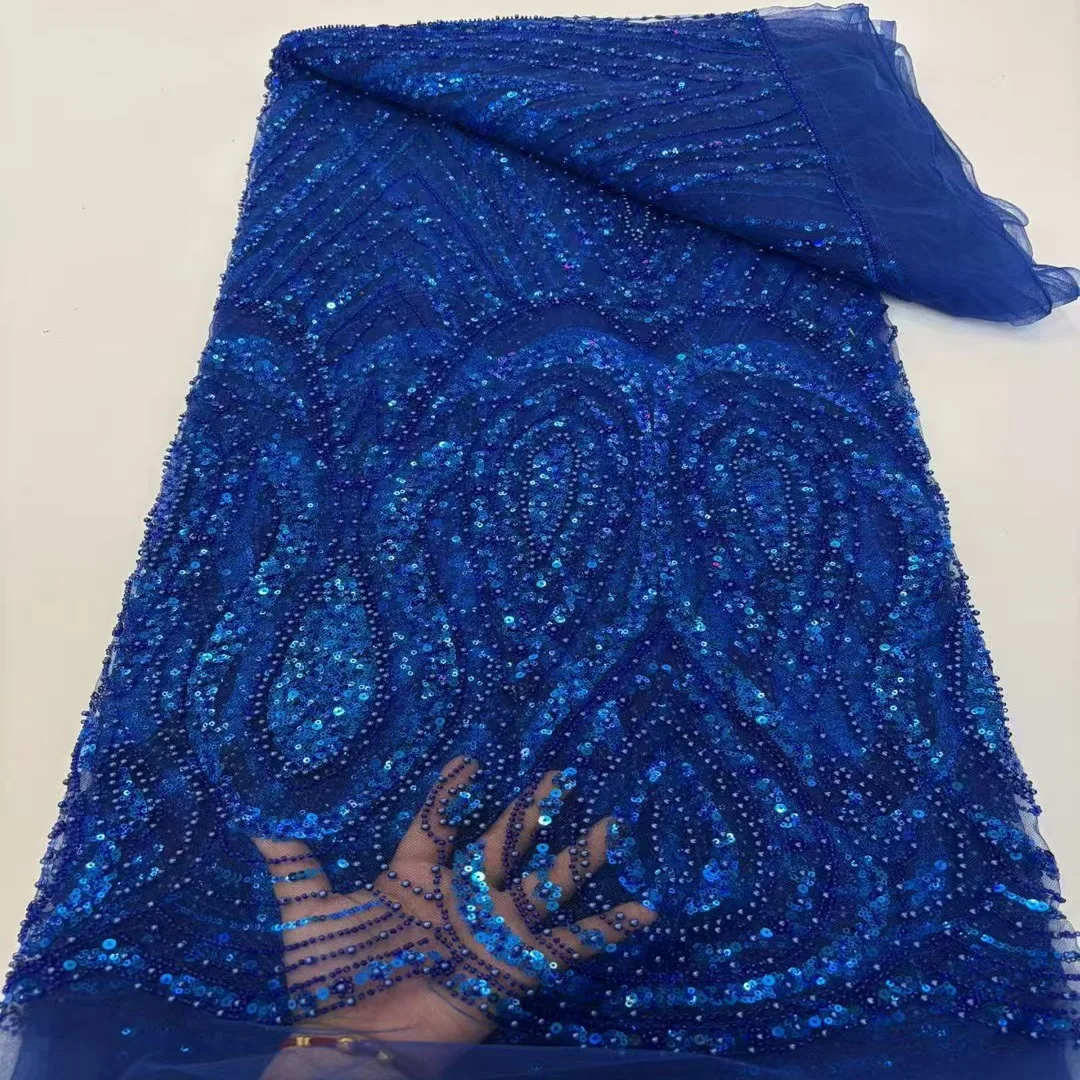 

French Mesh Beaded Lace Fabrics Embroidery Sequins Tube Bead African Fabric for Women Party Dresses 5Yards Sewing Meters New