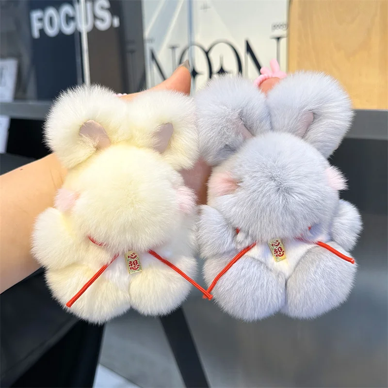 

2024 Multicolor Rabbit Keychain Ring Fluffy Real Fur Pompom Bunny Trinket Key Chain Charm Cute Ring On Bag Car Key Pendnat