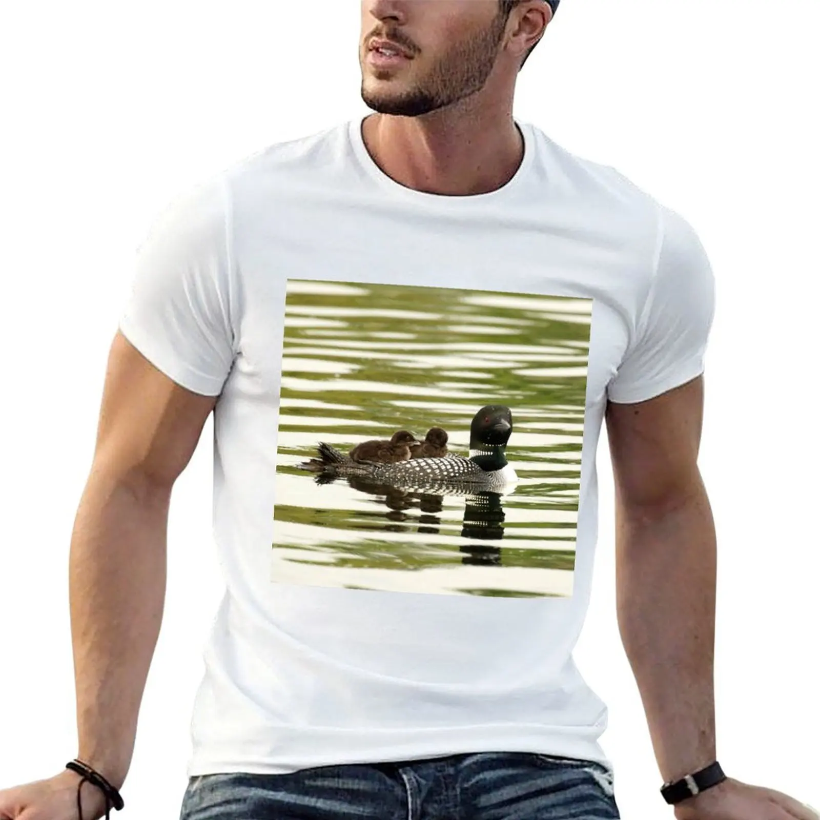 

Mom and her twin loon chicks T-Shirt man t shirt cotton high quality t shirt custom print T-Shirt