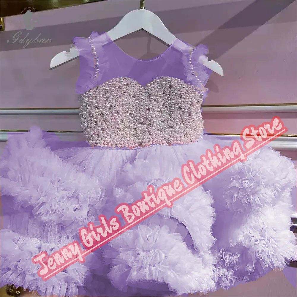 Abito da ragazza di fiori con scollo trasparente Abito da spettacolo per festa di compleanno per prima comunione a strati di perle bianche