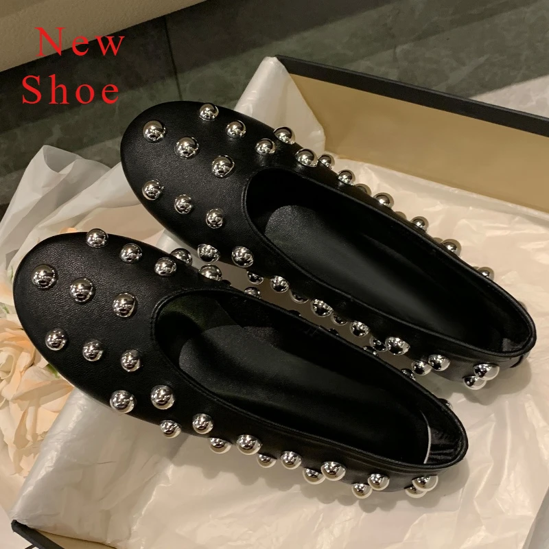 2024 New Rivet Round Head Flat Shoes Luxury Black Leather Sandal Ballet Sandals Silver Ball Metal Hollow Mary Jane Shoes 35-42