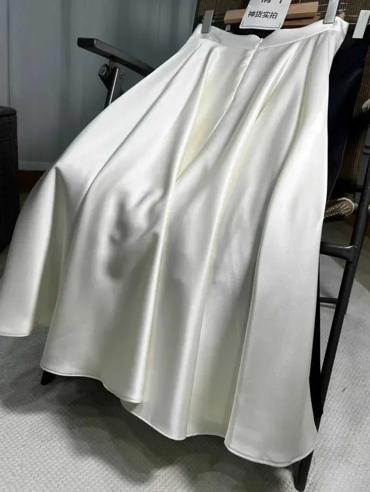 High Quality French Luxury Lady High Waist Long Skirt For Women 2024 New Spring Summer Korean Fashion Casual  A-line Satin Skirt