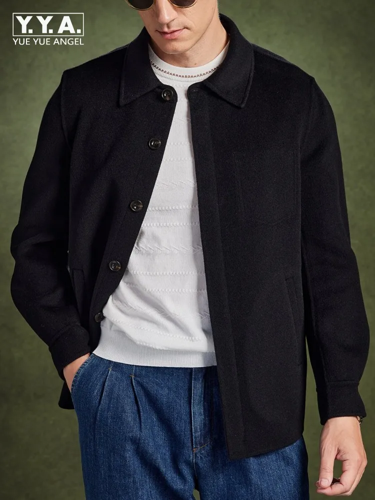 British Solid Color Male Turn Down Collar Jacket Fashion Long Sleeves Single-Breasted Jackets Men Straight Wool Outerwear