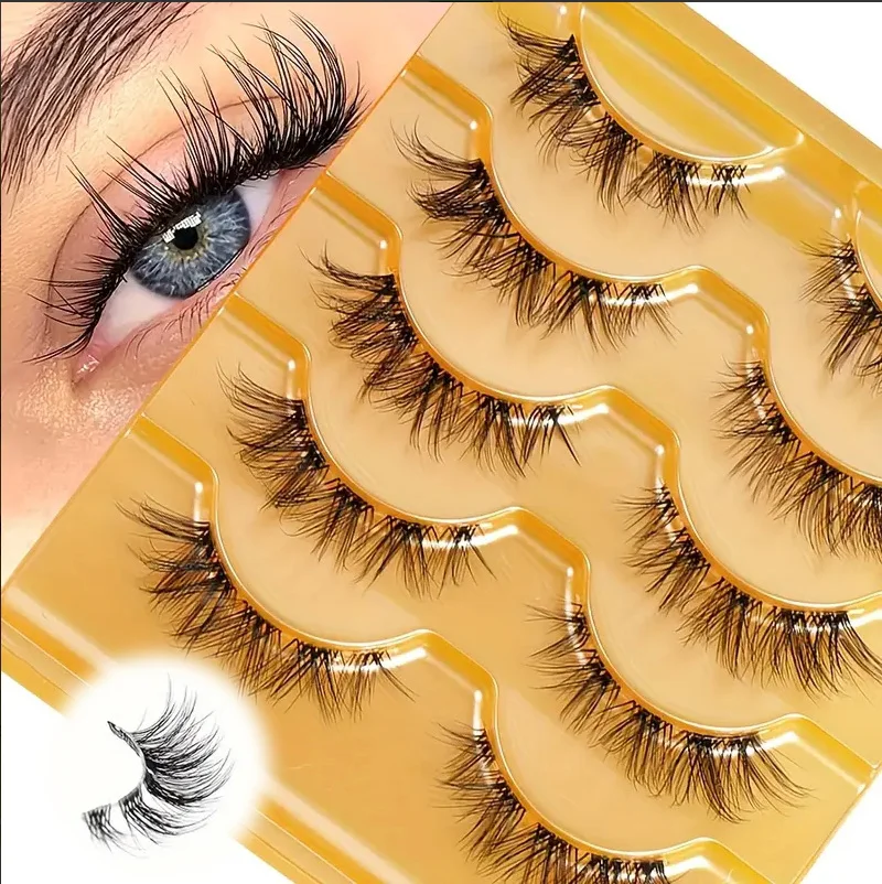 5 أزواج من الرموش الصناعية الطبيعية الطويلة على شكل ثعلب، ساق شفافة، خفيفة الوزن ومريحة، مناسبة للاستخدام اليومي أو المناسبات الخاصة