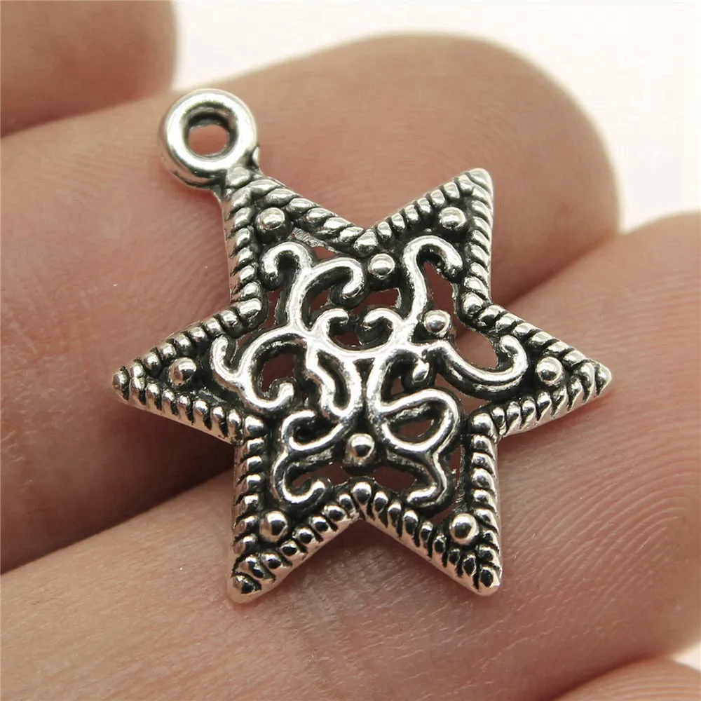 10pcs/lot 23x17mm Carved Six-Pointed Star Charms For Jewelry Making Antique Silver Color 0.91x0.67inch