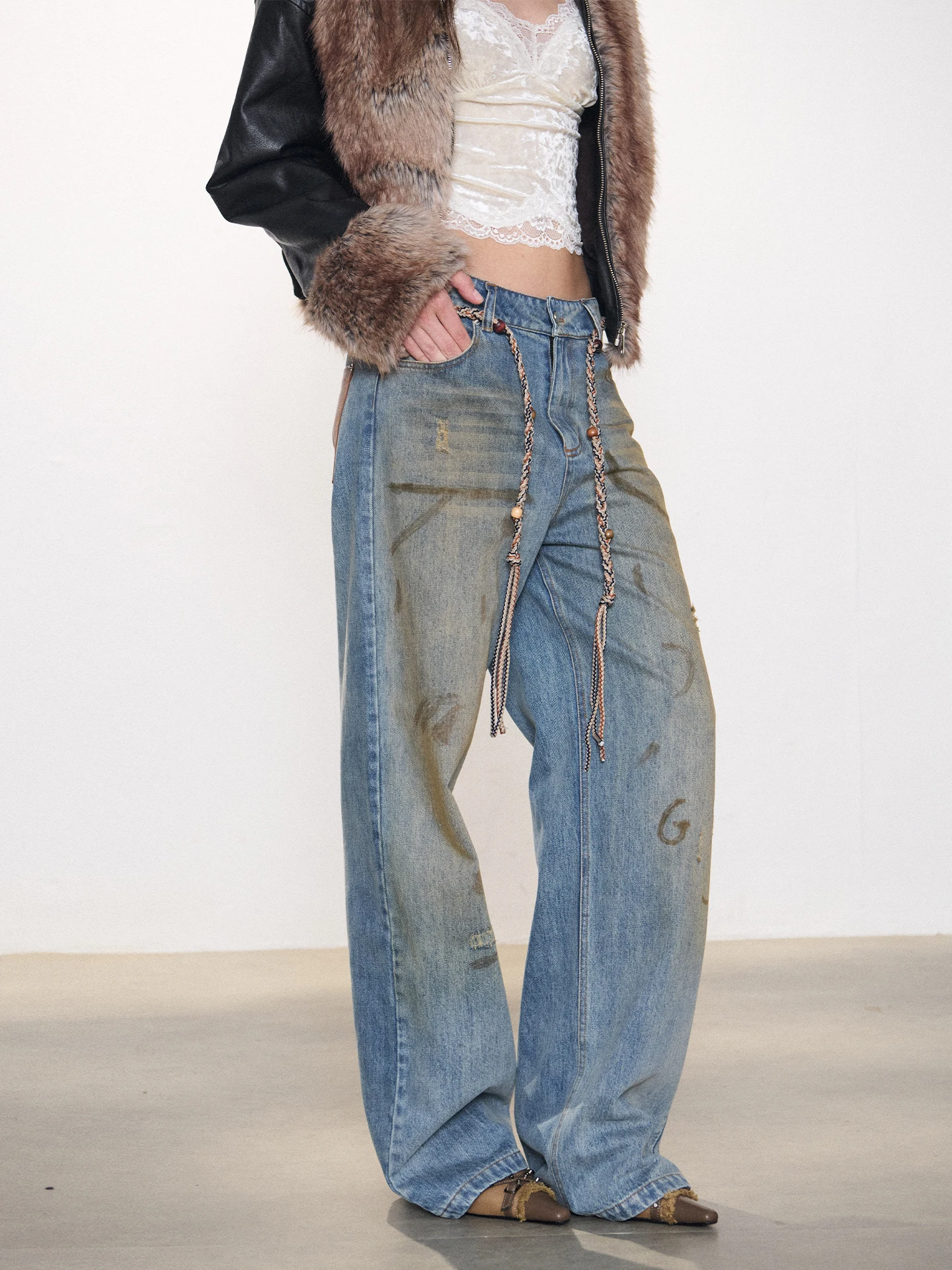 구스피어 오리지널 디자인 빈티지 워싱 루즈핏 여성 와이드 레그 진 잉크 스플래시 캐주얼 하이웨이스트 코튼 롱 팬츠