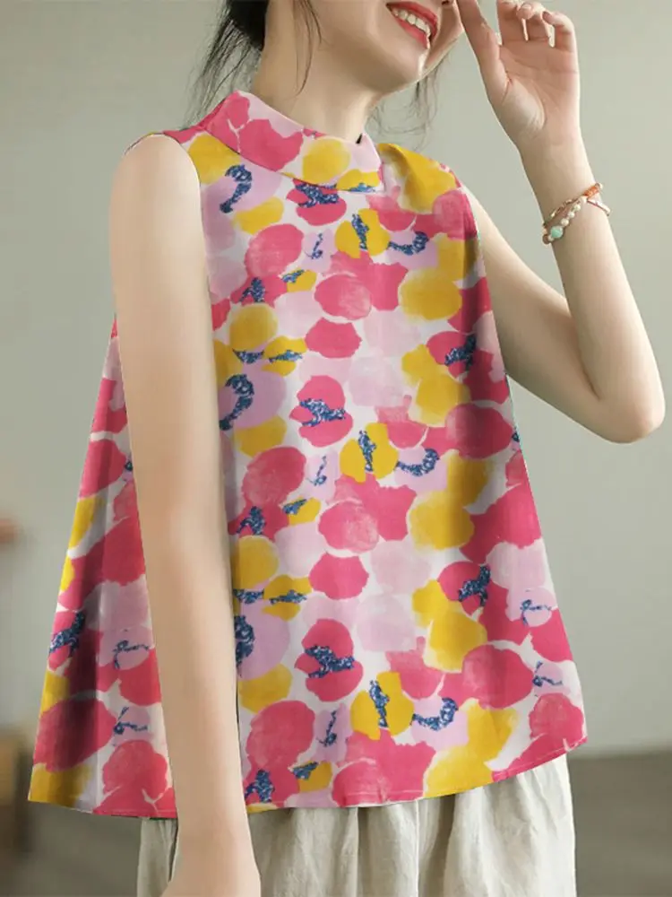 ZANZEA Women Printed Tank Tops Holiday Summer Sleeveless Tanks Casual Loose 2024 Stand Collar Tunics Vintage Party Camis Femme