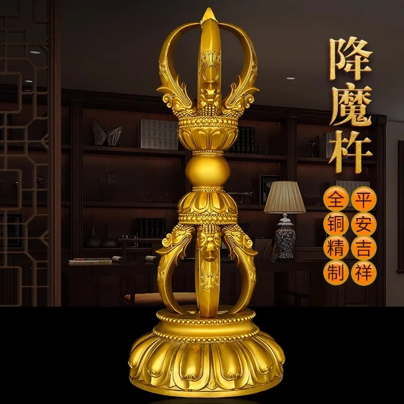 Pure Brass Vajra Dorje Statue with Base, Authentic Tibetan Five-Spoked Ritual Scepter, Buddhist Dharma Implements Home Decor