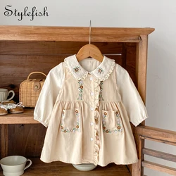 Autumn new style 0-3 years old baby clothing baby girl exquisite embroidered doll collar long-sleeved top + vest skirt