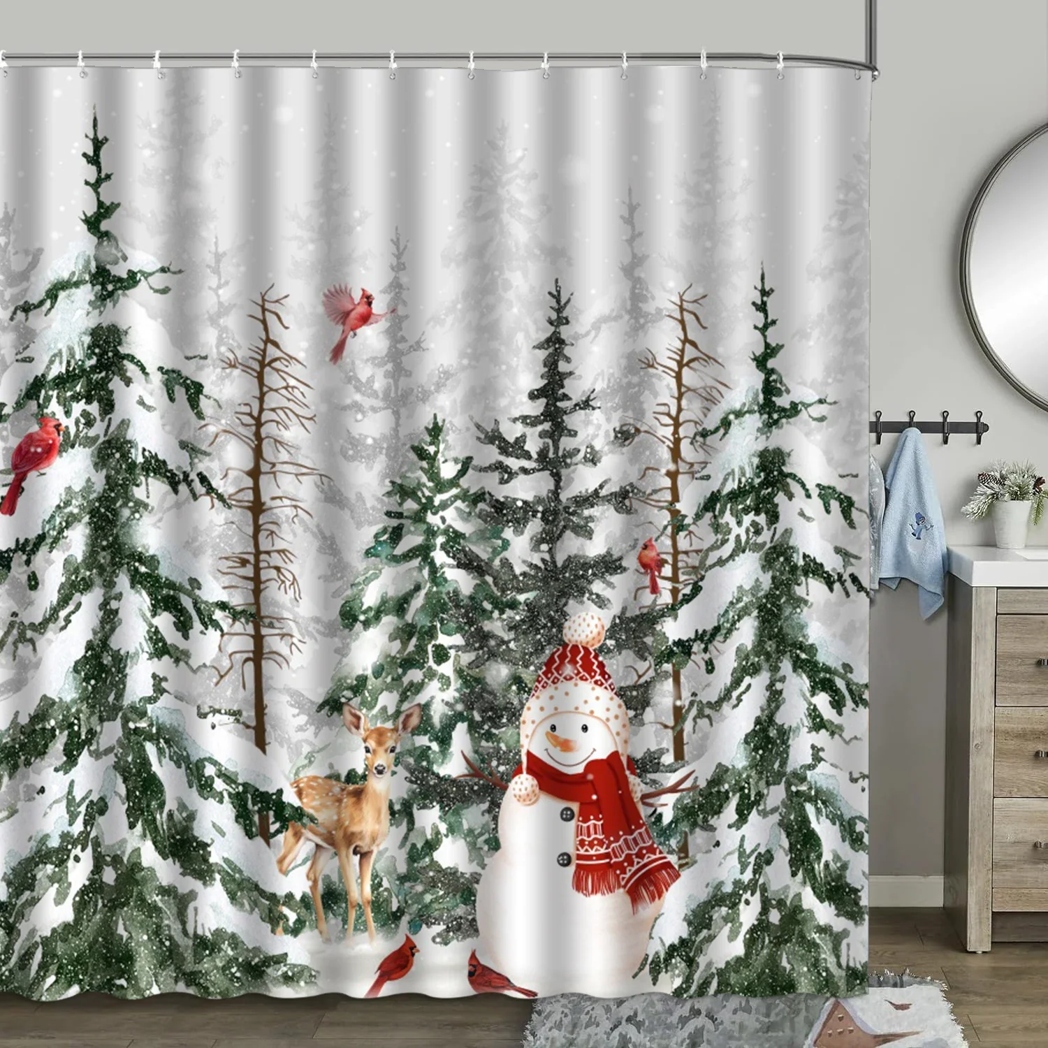 Christmas Shower Curtain, Winter Farm Barn Snowman Animal Moose Berry Christmas Tree Snow Scene Red Bird Bathroom Decoration