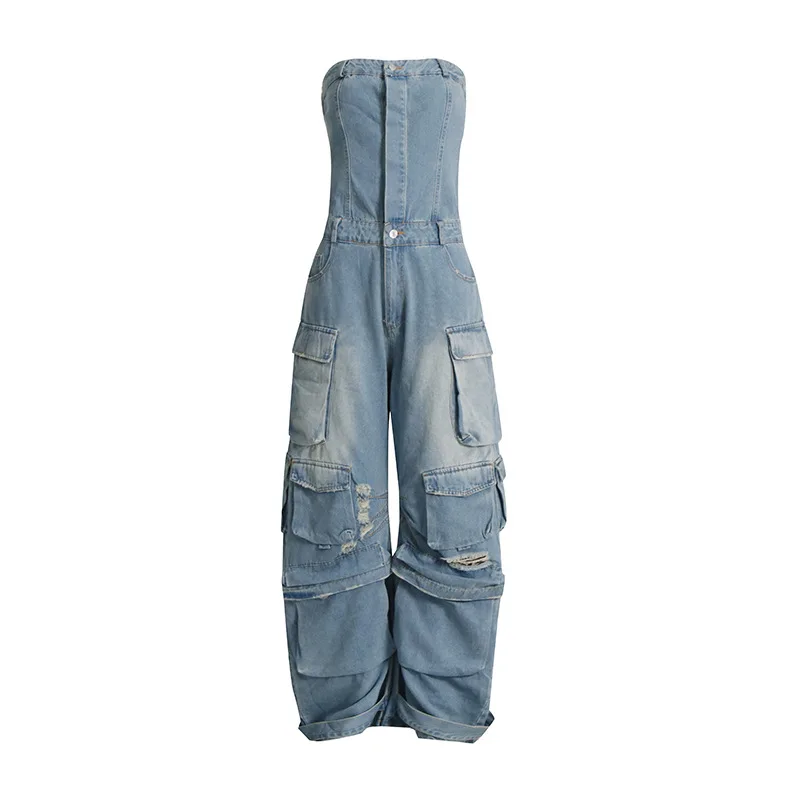 Fashion Y2k Denim Women Jumpsuits Autumn Strapless Single Breasted Cargo Pants with Pockets One Piece Streetwear Jean Rompers