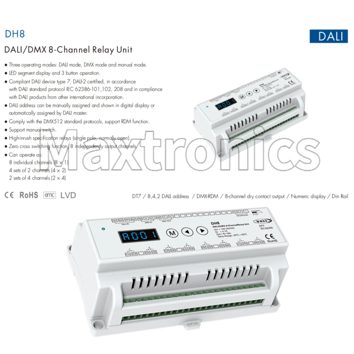 100-240VAC DALI/DMX 4-Channel AC Switch DH4 (DT7) 4CH*16A  / DH8 8CH*16A DALI/DMX 8-Channel Relay Unit for LED Strip Controller