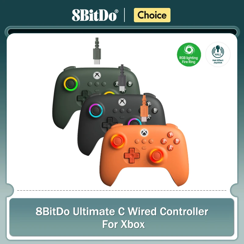 

8bitdo Ultimate C проводной контроллер для Xbox серии S, X, Xbox One RGB подсветка огненное кольцо эффект Джойстики для Windows 10/11