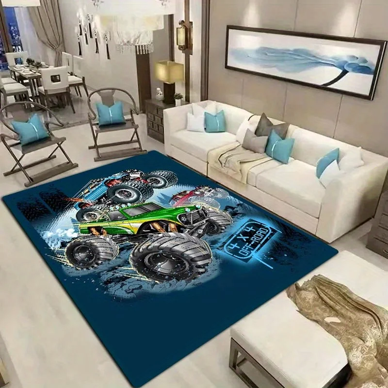 1pc Monster Truck Pattern Fleece Bath Rug | Soft And Comfortable Floor Decor For Office, Home, Living Room, Bedroom, Kitchen, Ba