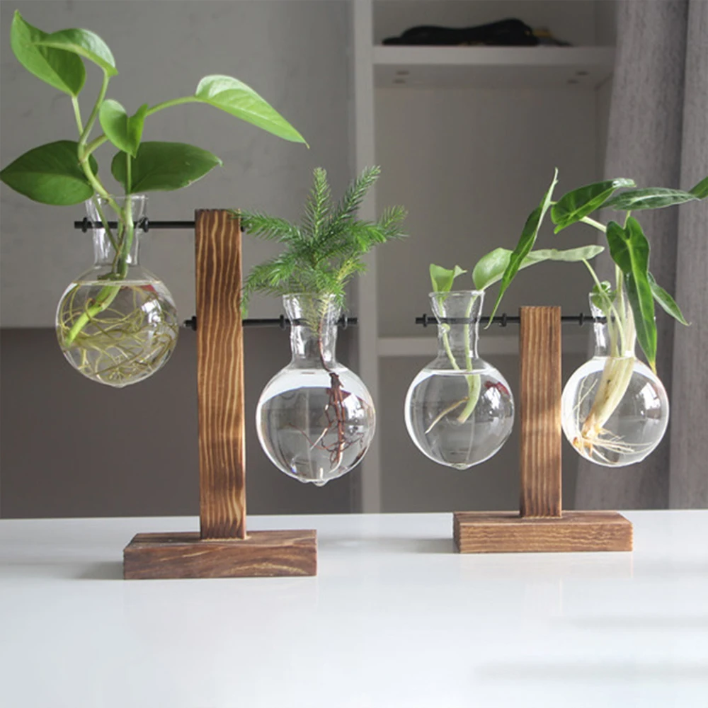 Glass Desktop Planter Bulb Vase Wooden Stand Hydroponic Plant Container Decor Creative Office Plant Propagation Station