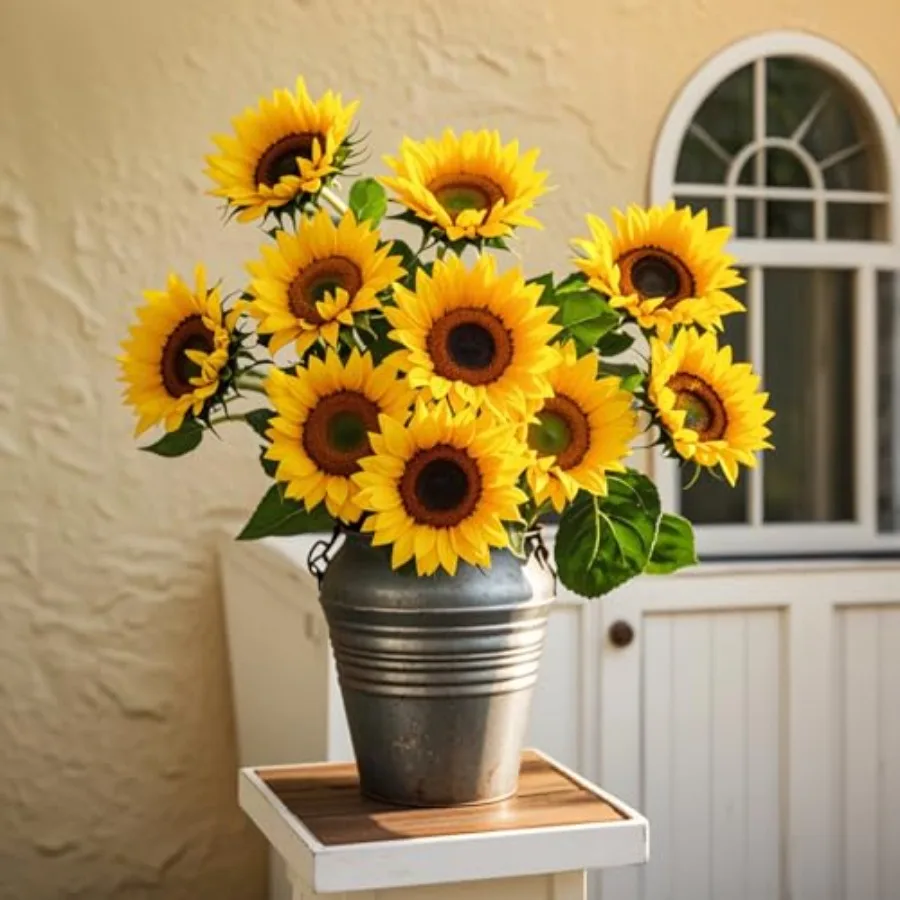 

Sunflowers Artificial Flowers Silk Bulk 10Pcs Large Fake Sunflowers with Stems Leaves for Wedding Baby Shower Birthday Party Ho