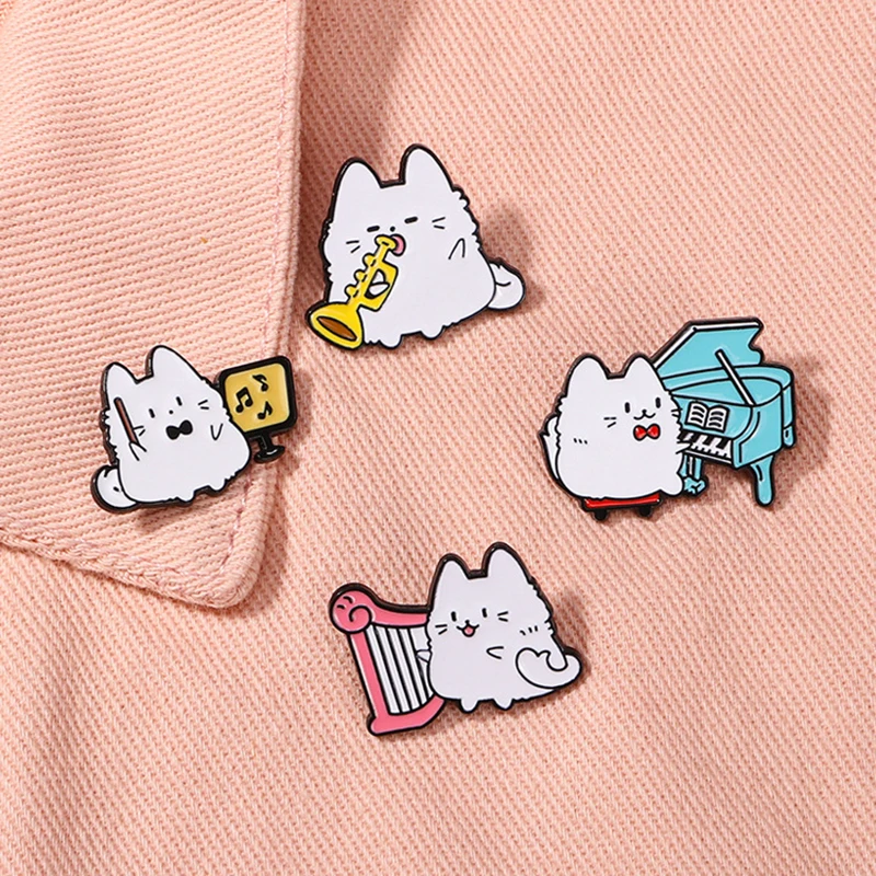 Broche Saxophone Chats Blancs Musique, Harpe Rose Piano Bleu, Danemark ge Animal Créatif Chat Métal Punk Pins, Accessoires Bijoux, Cadeau Mignon