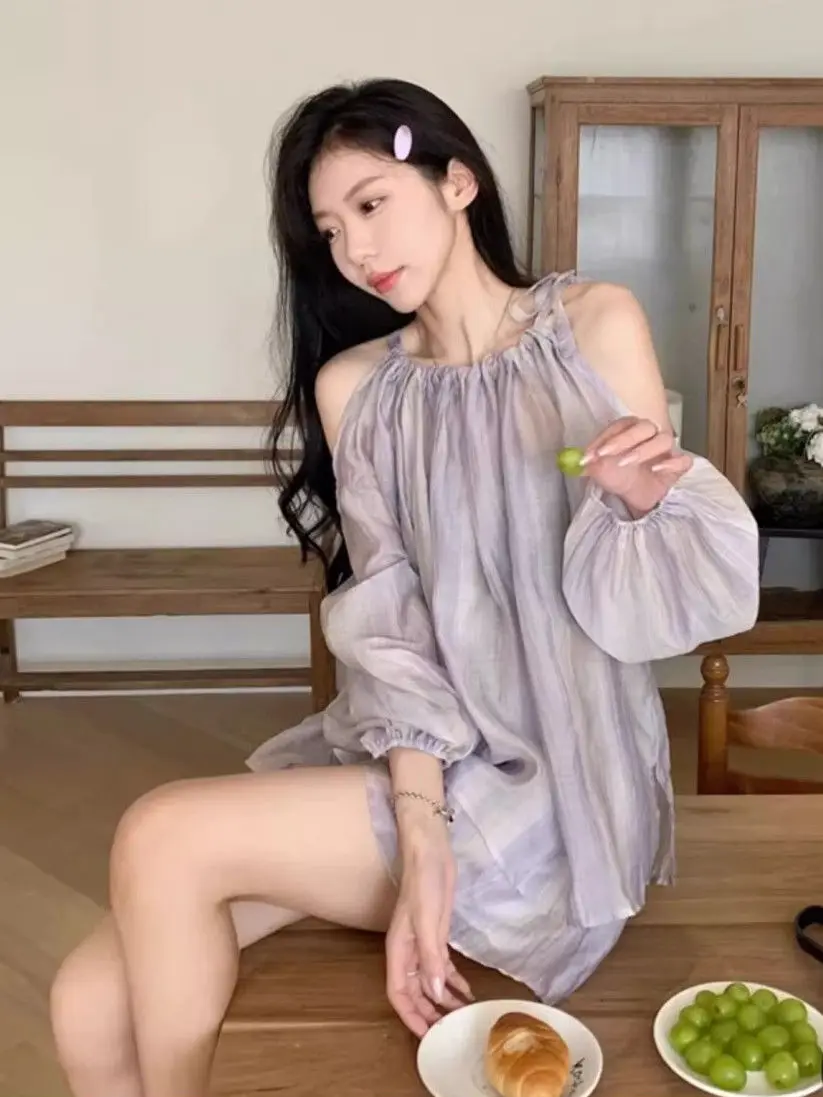 

Effortless French Off Shoulder Top Shorts Set Women's Long Sleeve Relaxed Camisole Coordinated Linen Blend Lounge Luxe​​
