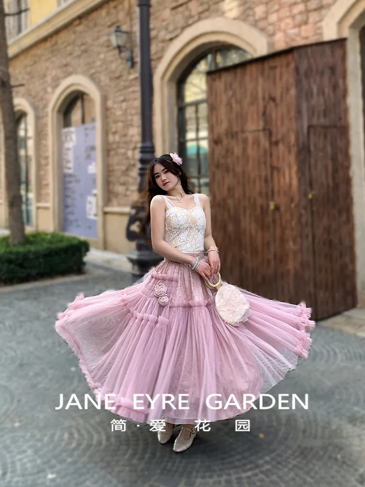 TIYIHAILEY-Women's Long Mid-Calf Mesh Skirt High Waist Three Layers Skirts Flowers Ball Gown Pink Ladies Skirts XS-XL Zipper