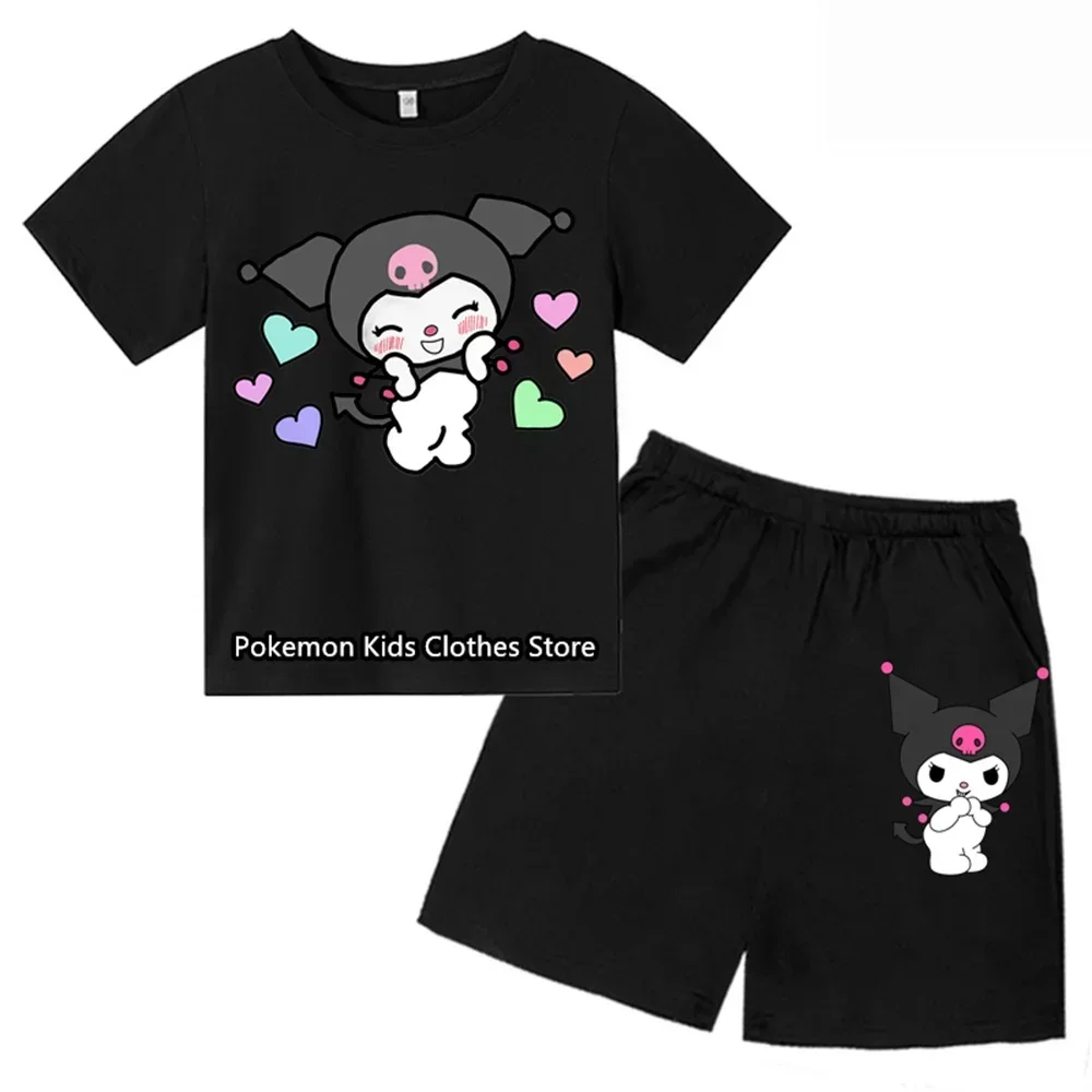 Sanrio Kuromi T-shirt 3-12 years old Kids T-shirt Anime Manga Cartoon Kids Casual T-shirt Kids Girls Boys Short sleeve set