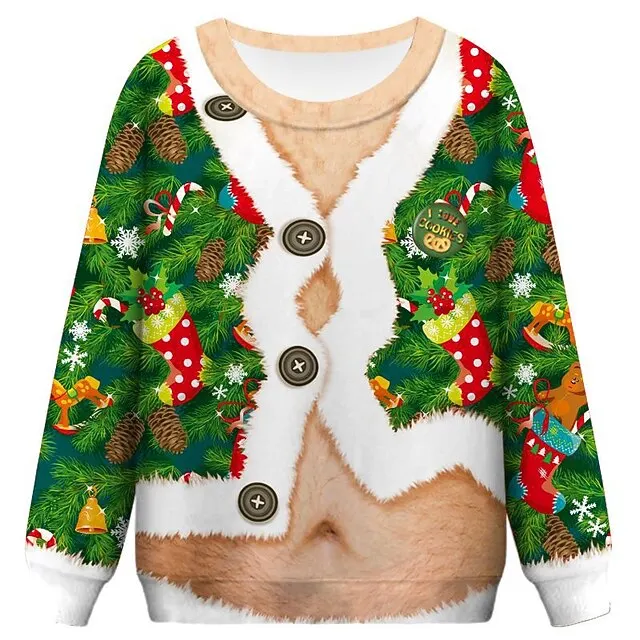 Pullover Funny Christmas Sweatshirt For Men Women 3D Print Ugly Chest Hair Christmas Party Hoodie Men's Xmas Sweater Clothes