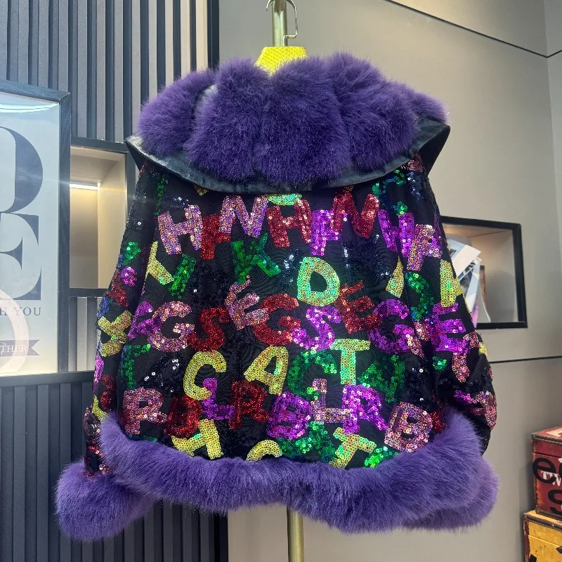 2025 خريف شتاء موضة جديدة الثقيلة الفراء الترتر المرقعة أنيق سميكة معطف الشتاء فو الفراء سترة ملابس خارجية السيدات