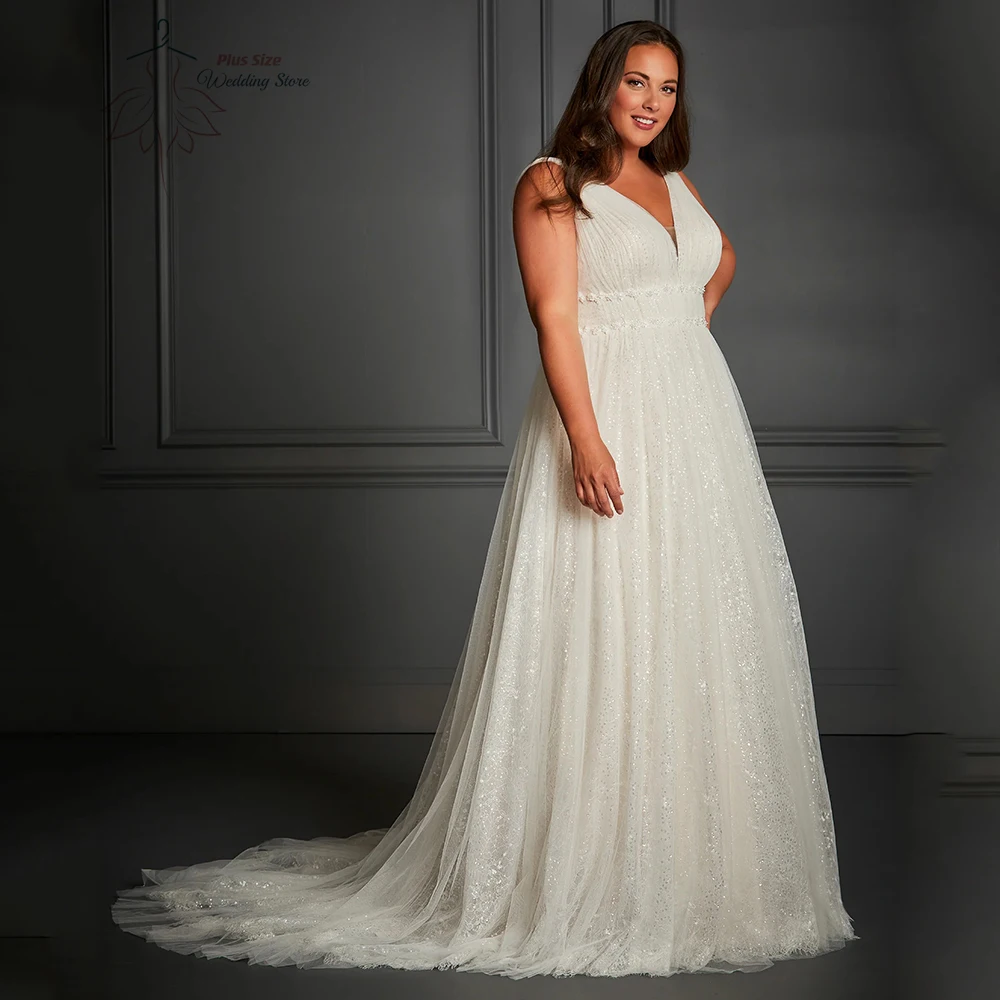 Elegant Wedding Dresses V-Neck Sleeveless Empire Zipper Bride Gown Tulle A-Line Lace Applique Vestido De Noiva Plus Size